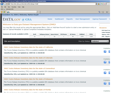 Screen shot depicting Dataset Management System (DMS)